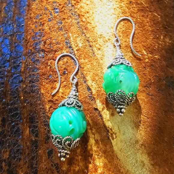 Chrysoprase Carved Sterling Silver Filigree Earrings - Picture 3 of 5